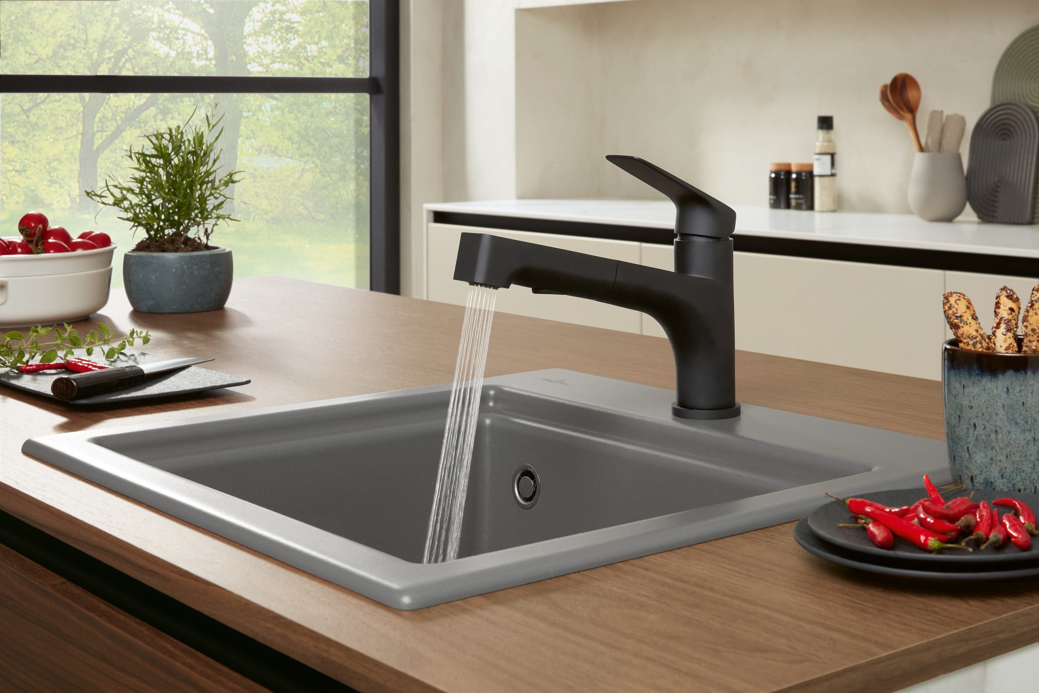 Villeroy & Boch Armatur Edelstahl Matt Black graue Spüle